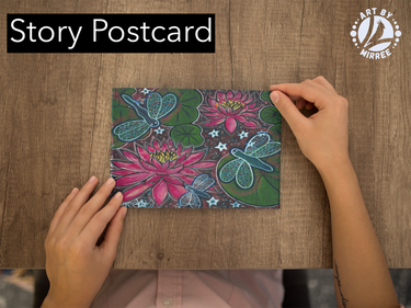 'Dragonflies with Lilly Pads and Flower Medicine' Aboriginal Art A6 Story PostCard Single by Mirree